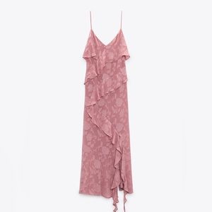 Zara Pink Ruffled Jacquard Midi Dress
